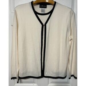 Sag Harbor‎ Womens Cream Black Trim V Neck Long Sleeve Cardigan Sweater XL
